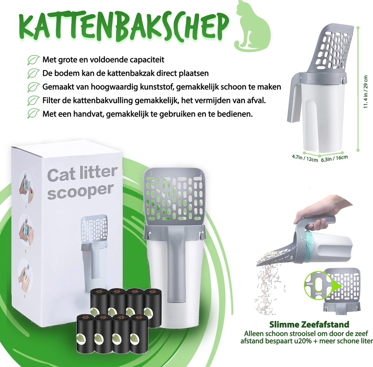 Miniatuur van productfoto 4 van Kattenbakschep – Kattenbak Schep – Kattenschep met container - Ergonomisch – Grijs - Huisdieren - Katten