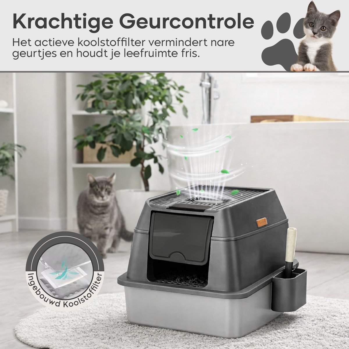Miniatuur van productfoto 2 van ADSafety Kattenbak RVS - Kattentoilet Roestvrijstaal - Incl. Kattenbakschep met Houder en Gritopvang Opstapje - 2 in 1 Open Kattenbak met Afneembare Deksel - 60x40x38cm - Donkergrijs