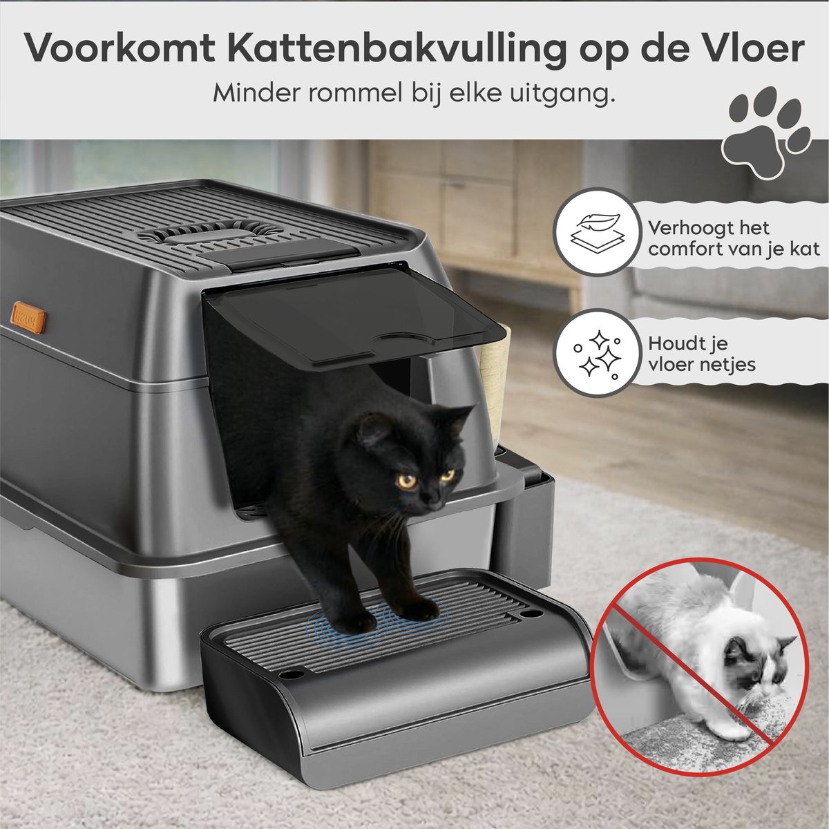 Miniatuur van productfoto 4 van ADSafety Kattenbak RVS - Kattentoilet Roestvrijstaal - Incl. Kattenbakschep met Houder en Gritopvang Opstapje - 2 in 1 Open Kattenbak met Afneembare Deksel - 60x40x38cm - Donkergrijs