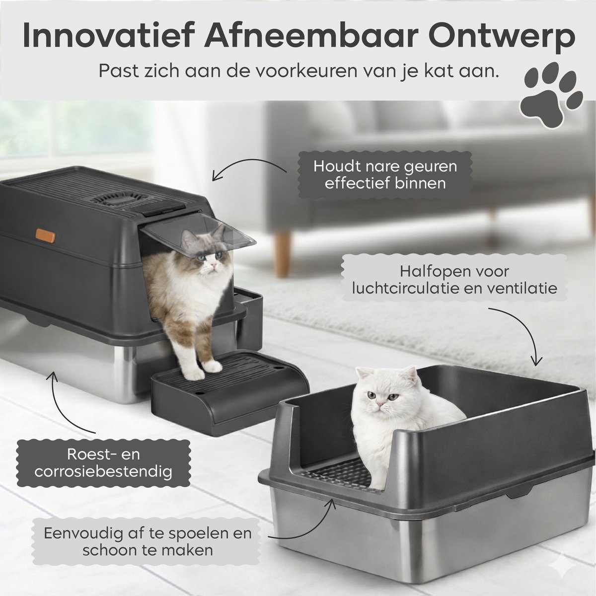 Miniatuur van productfoto 5 van ADSafety Kattenbak RVS - Kattentoilet Roestvrijstaal - Incl. Kattenbakschep met Houder en Gritopvang Opstapje - 2 in 1 Open Kattenbak met Afneembare Deksel - 60x40x38cm - Donkergrijs