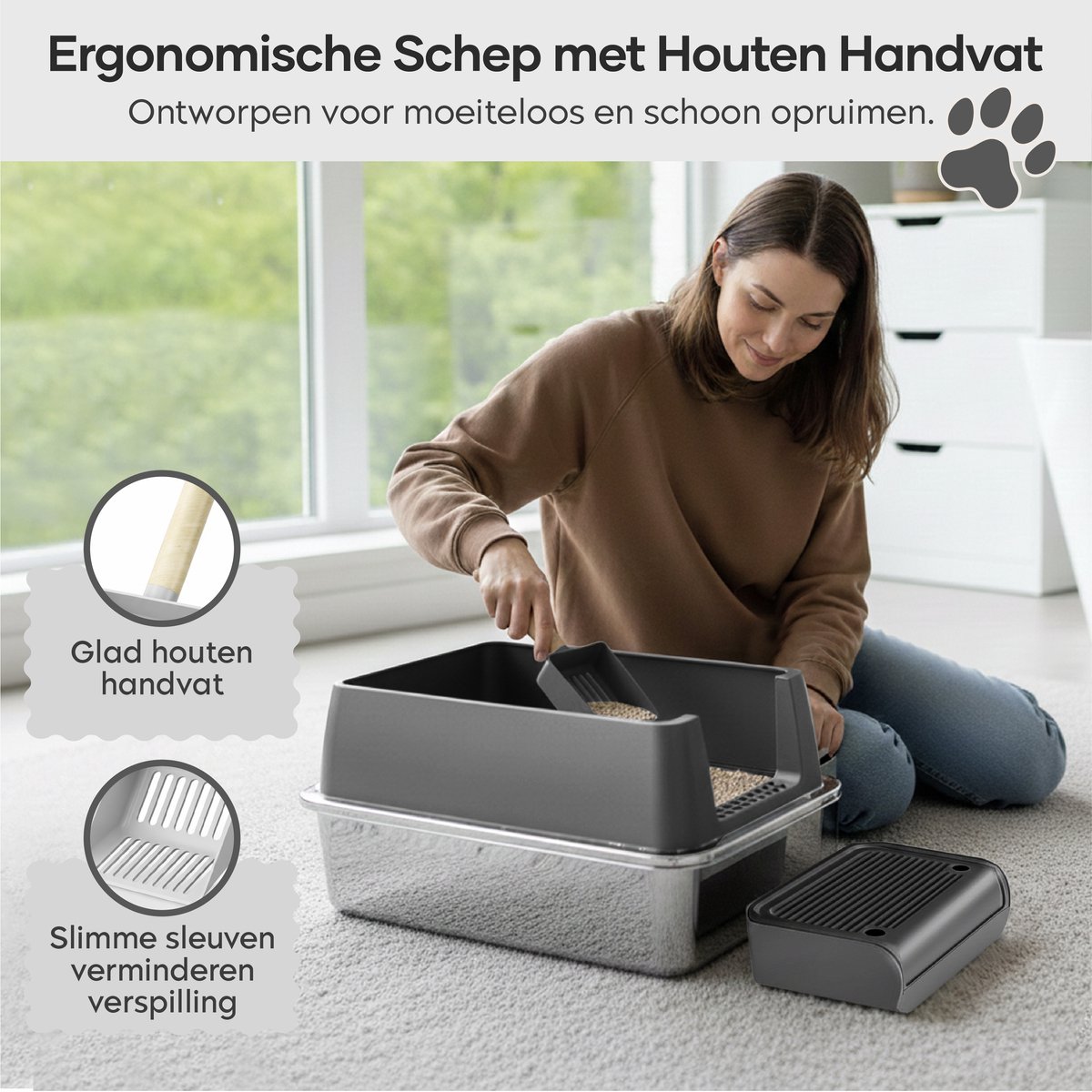 Miniatuur van productfoto 7 van ADSafety Kattenbak RVS - Kattentoilet Roestvrijstaal - Incl. Kattenbakschep met Houder en Gritopvang Opstapje - 2 in 1 Open Kattenbak met Afneembare Deksel - 60x40x38cm - Donkergrijs