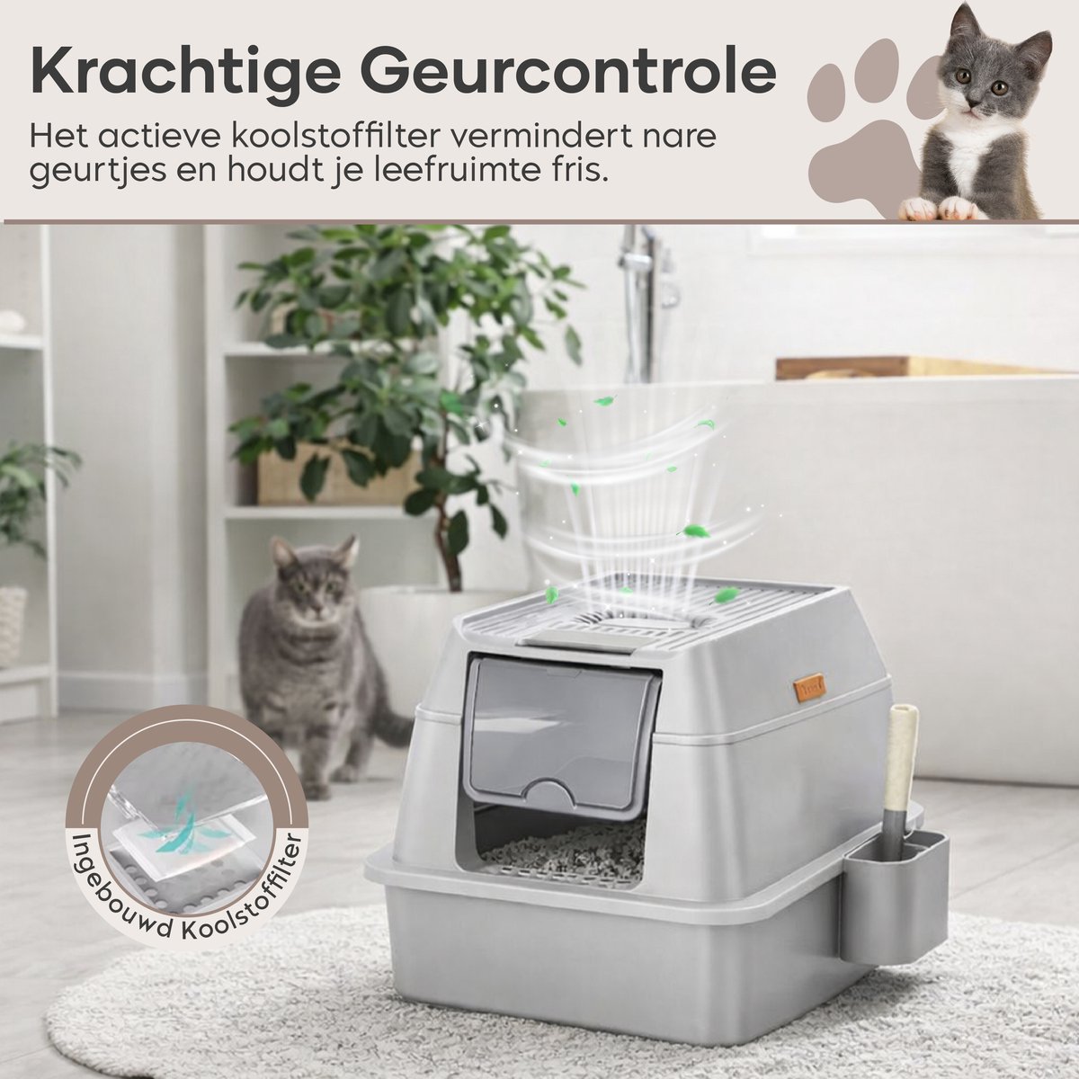 Miniatuur van productfoto 2 van ADSafety Kattenbak RVS - Kattentoilet Roestvrijstaal - Incl. Kattenbakschep met Houder en Gritopvang Opstapje - 2 in 1 Open Kattenbak met Afneembare Deksel - 60x40x38cm - Grijs