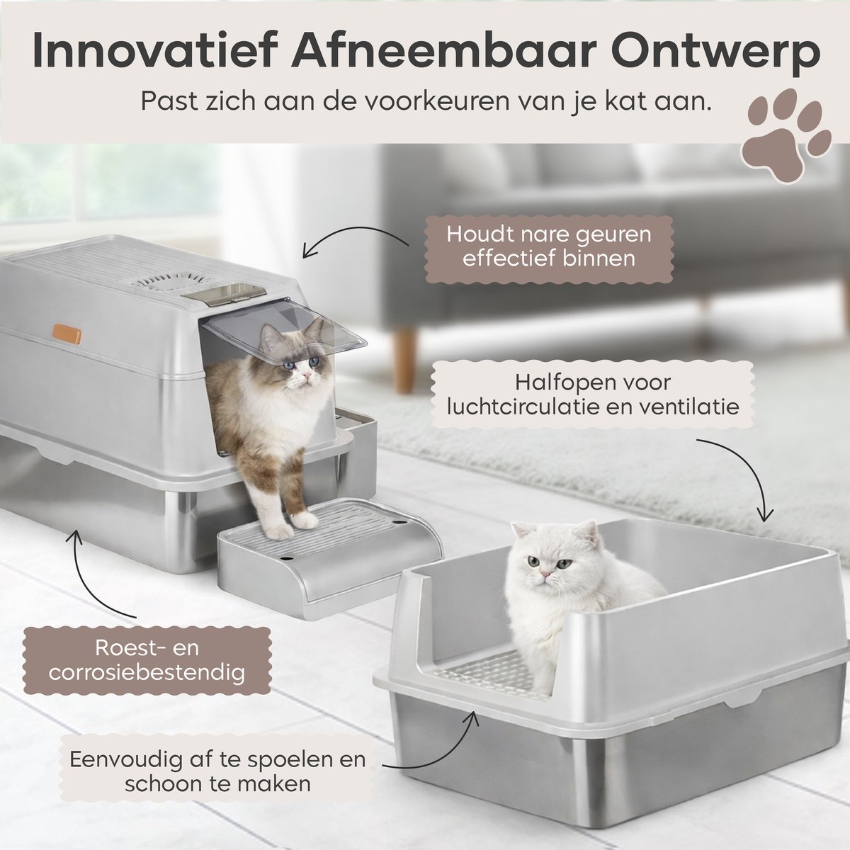 Miniatuur van productfoto 5 van ADSafety Kattenbak RVS - Kattentoilet Roestvrijstaal - Incl. Kattenbakschep met Houder en Gritopvang Opstapje - 2 in 1 Open Kattenbak met Afneembare Deksel - 60x40x38cm - Grijs
