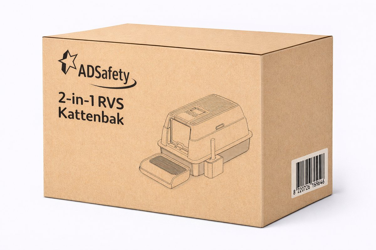 Miniatuur van productfoto 6 van ADSafety Kattenbak RVS - Kattentoilet Roestvrijstaal - Incl. Kattenbakschep met Houder en Gritopvang Opstapje - 2 in 1 Open Kattenbak met Afneembare Deksel - 60x40x38cm - Grijs