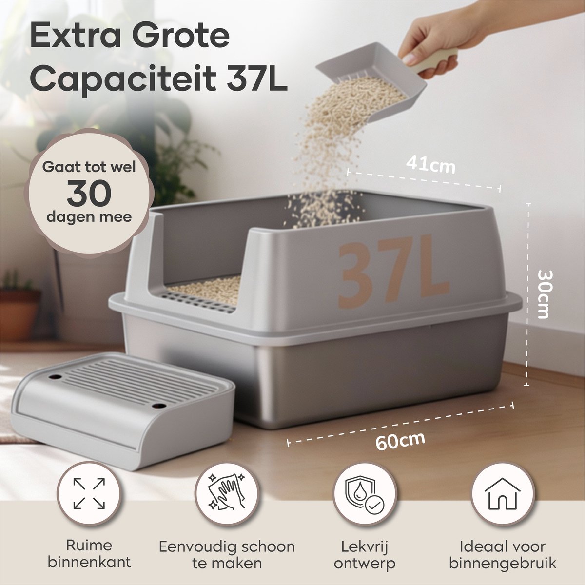 Miniatuur van productfoto 7 van ADSafety Kattenbak RVS - Kattentoilet Roestvrijstaal - Incl. Kattenbakschep met Houder en Gritopvang Opstapje - 2 in 1 Open Kattenbak met Afneembare Deksel - 60x40x38cm - Grijs