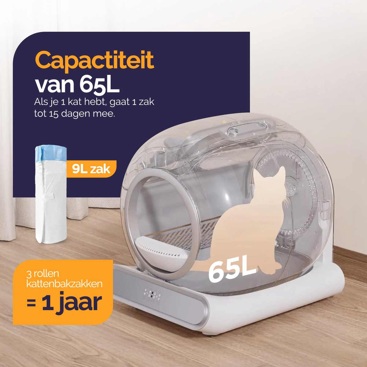 Miniatuur van productfoto 6 van Viervoeter Fresh 2 - Automatische Zelfreinigende Kattenbak – Bedienen via App – 65L - incl matje en 3 rollen opvangzakjes