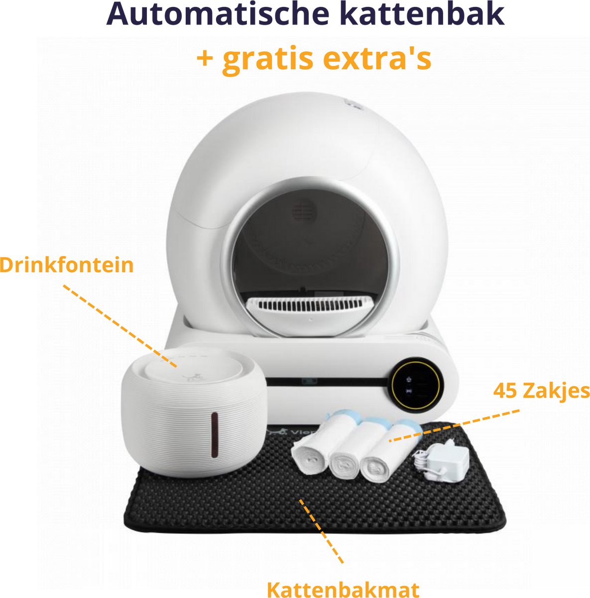 Miniatuur van productfoto 9 van Viervoeter Fresh - Automatische Kattenbak – Zelfreinigend – incl Drinkfontein, Matje en 3 rollen Opvangzakjes