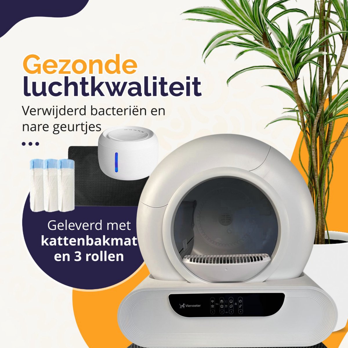 Miniatuur van productfoto 5 van Viervoeter Fresh 2 Modern - Automatische Zelfreinigende Kattenbak – Bedienen via App – 65L - incl drinkfontein, matje en 3 rollen opvangzakjes