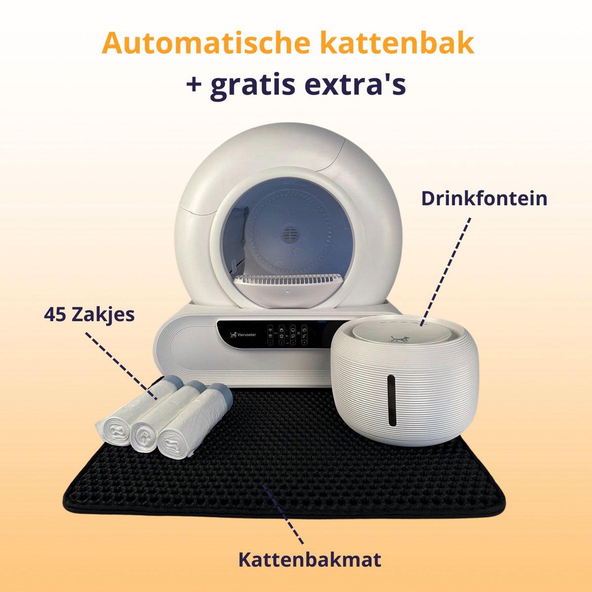 Miniatuur van productfoto 7 van Viervoeter Fresh 2 Modern - Automatische Zelfreinigende Kattenbak – Bedienen via App – 65L - incl drinkfontein, matje en 3 rollen opvangzakjes
