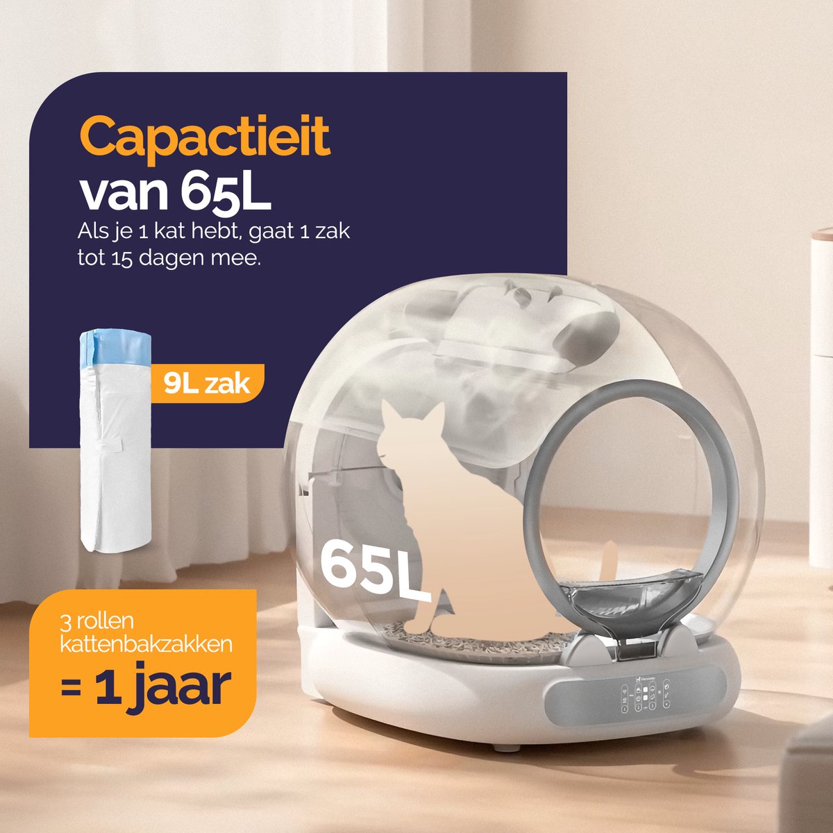 Miniatuur van productfoto 2 van Viervoeter Fresh 3 - Automatische Kattenbak – Zelfreinigend – Bedienen via App – 65L - incl matje en 3 rollen opvangzakjes - Silver