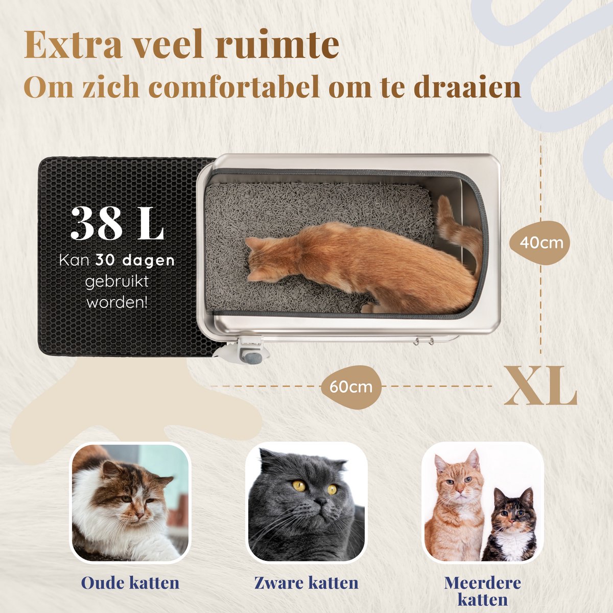 Miniatuur van productfoto 10 van Kattenbak RVS XXL – Gemakkelijk schoon te maken – Geurvrij, Lekvrij en Vlekvrij – 38L Inhoud – Roestvrijstalen Kattentoilet met hoge rand – Grote Kattenbak met Schep & Gritopvangmat – 60 × 40 × 32 cm
