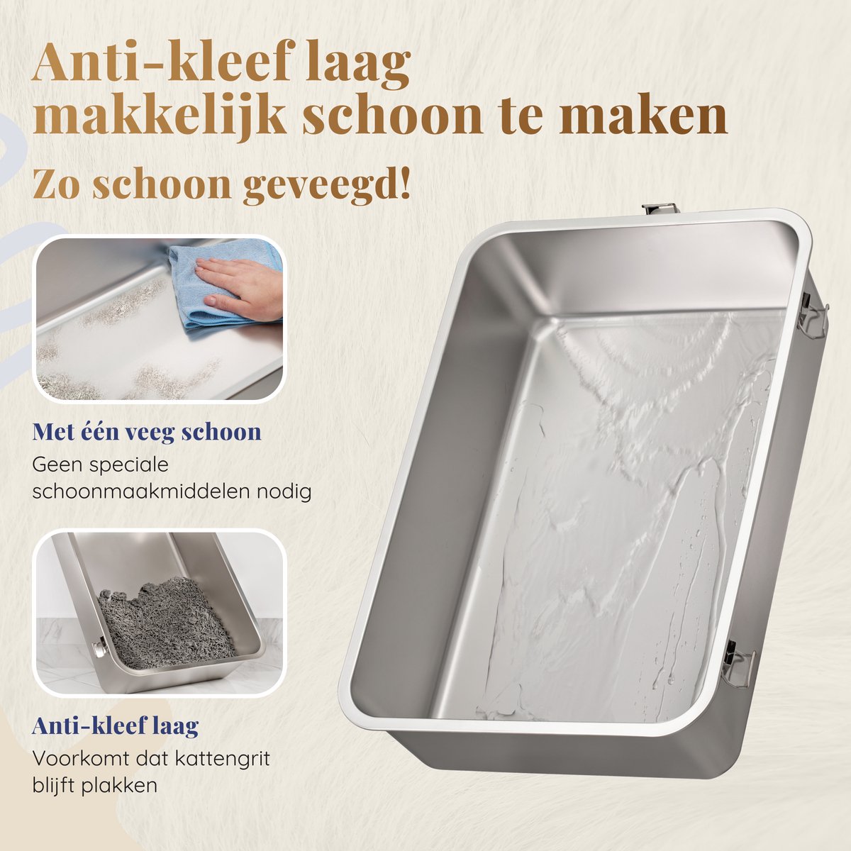 Miniatuur van productfoto 2 van Kattenbak RVS XXL – Gemakkelijk schoon te maken – Geurvrij, Lekvrij en Vlekvrij – 38L Inhoud – Roestvrijstalen Kattentoilet met hoge rand – Grote Kattenbak met Schep & Gritopvangmat – 60 × 40 × 32 cm