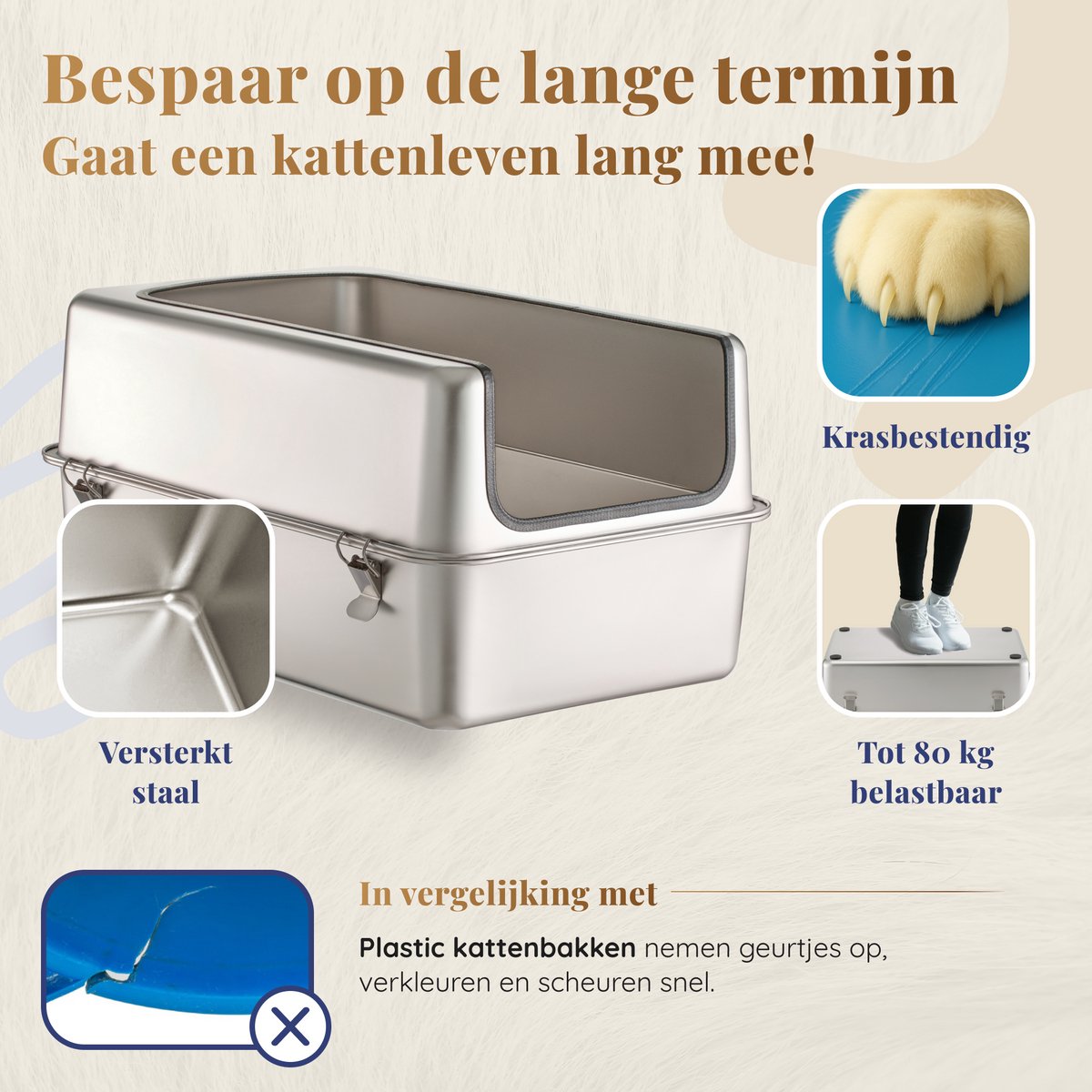 Miniatuur van productfoto 5 van Kattenbak RVS XXL – Gemakkelijk schoon te maken – Geurvrij, Lekvrij en Vlekvrij – 38L Inhoud – Roestvrijstalen Kattentoilet met hoge rand – Grote Kattenbak met Schep & Gritopvangmat – 60 × 40 × 32 cm