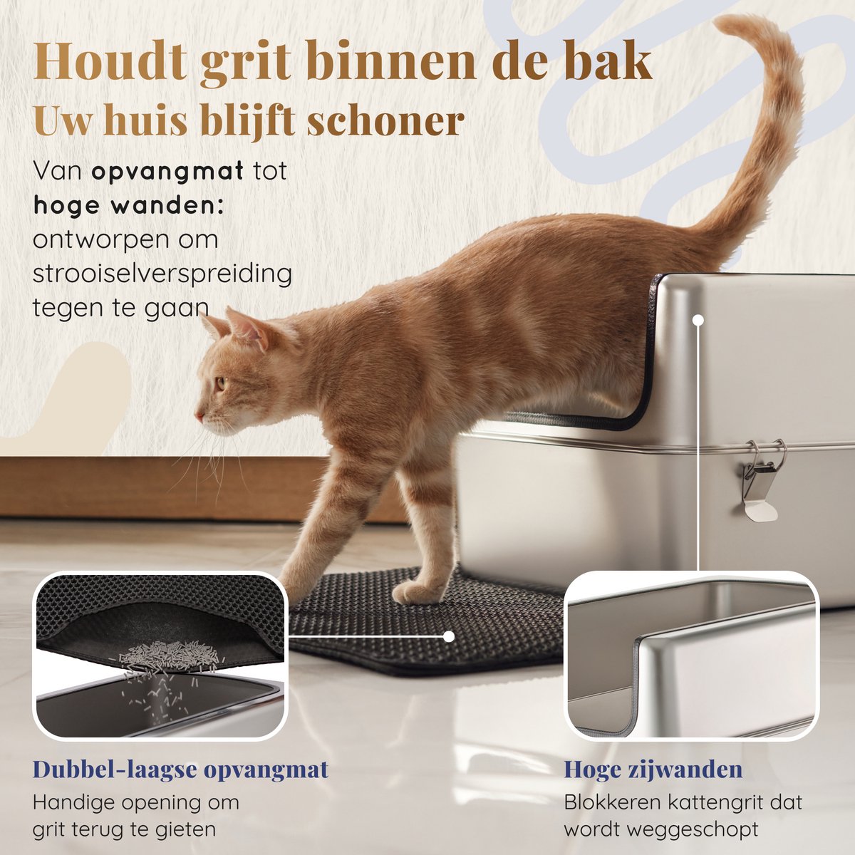 Miniatuur van productfoto 6 van Kattenbak RVS XXL – Gemakkelijk schoon te maken – Geurvrij, Lekvrij en Vlekvrij – 38L Inhoud – Roestvrijstalen Kattentoilet met hoge rand – Grote Kattenbak met Schep & Gritopvangmat – 60 × 40 × 32 cm