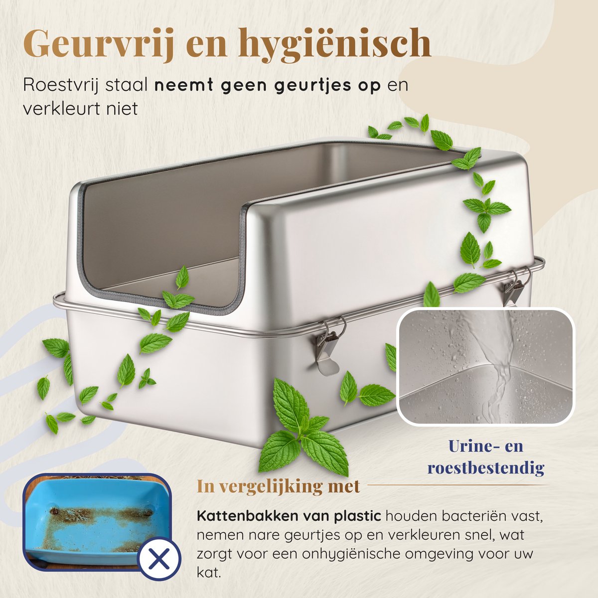 Miniatuur van productfoto 7 van Kattenbak RVS XXL – Gemakkelijk schoon te maken – Geurvrij, Lekvrij en Vlekvrij – 38L Inhoud – Roestvrijstalen Kattentoilet met hoge rand – Grote Kattenbak met Schep & Gritopvangmat – 60 × 40 × 32 cm