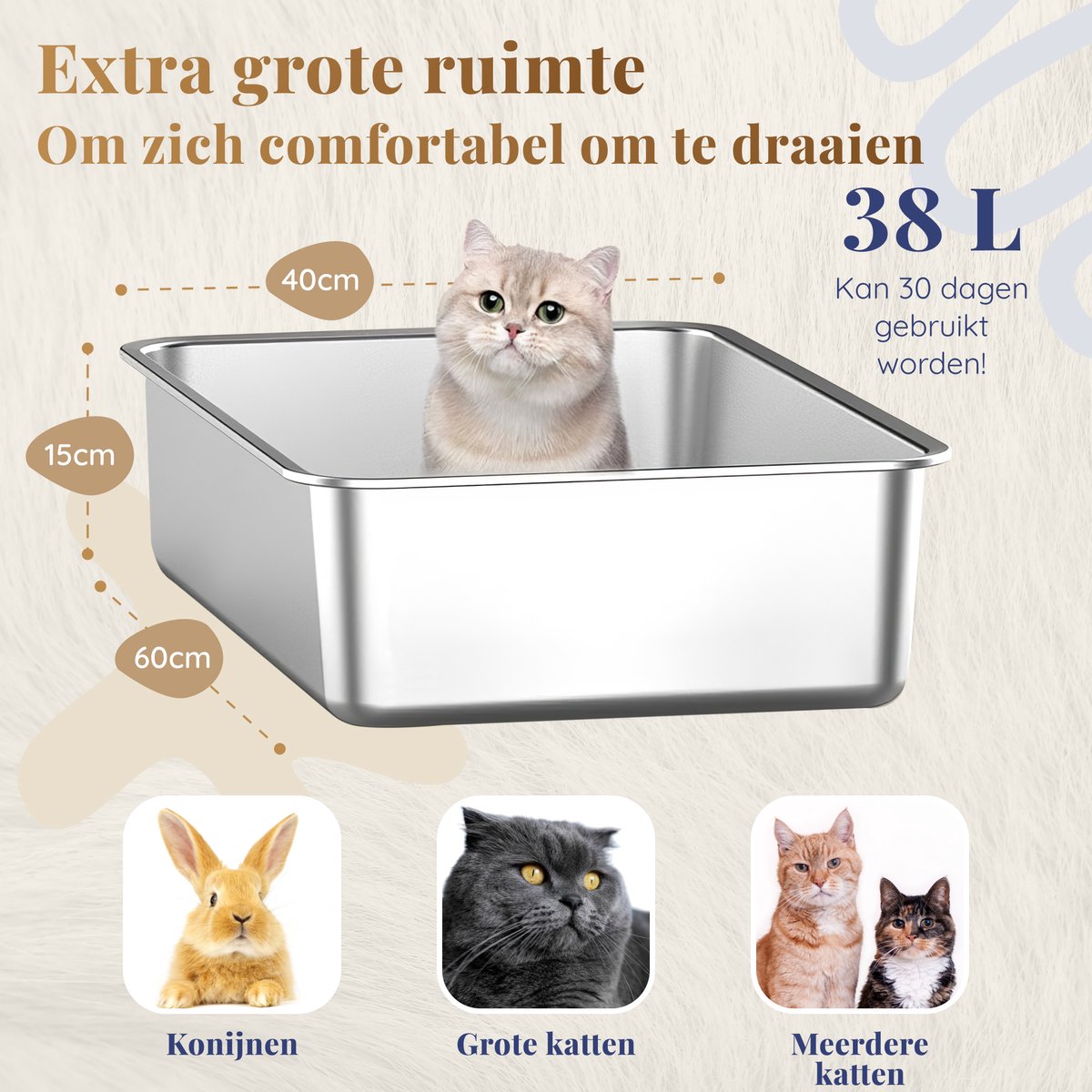 Miniatuur van productfoto 10 van Kattenbak RVS XXL – Gemakkelijk schoon te maken – Geurvrij, Lekvrij en Vlekvrij – 60x40x15cm – Roestvrijstalen Kattentoilet – Grote Kattenbak voor Katten en Konijnen