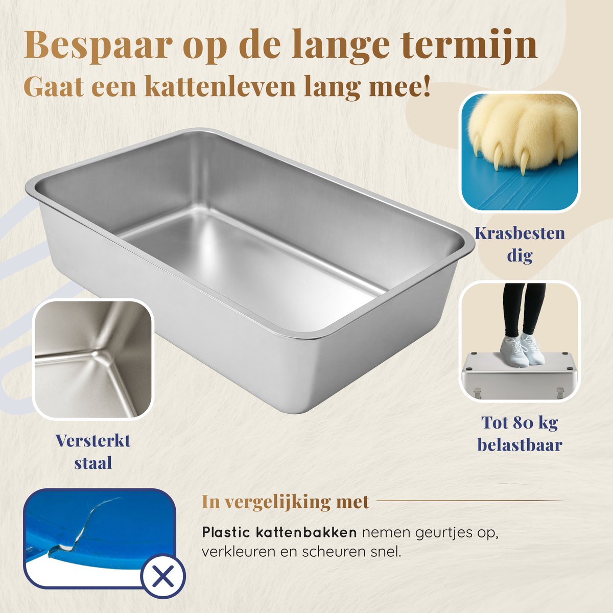 Miniatuur van productfoto 2 van Kattenbak RVS XXL – Gemakkelijk schoon te maken – Geurvrij, Lekvrij en Vlekvrij – 60x40x15cm – Roestvrijstalen Kattentoilet – Grote Kattenbak voor Katten en Konijnen