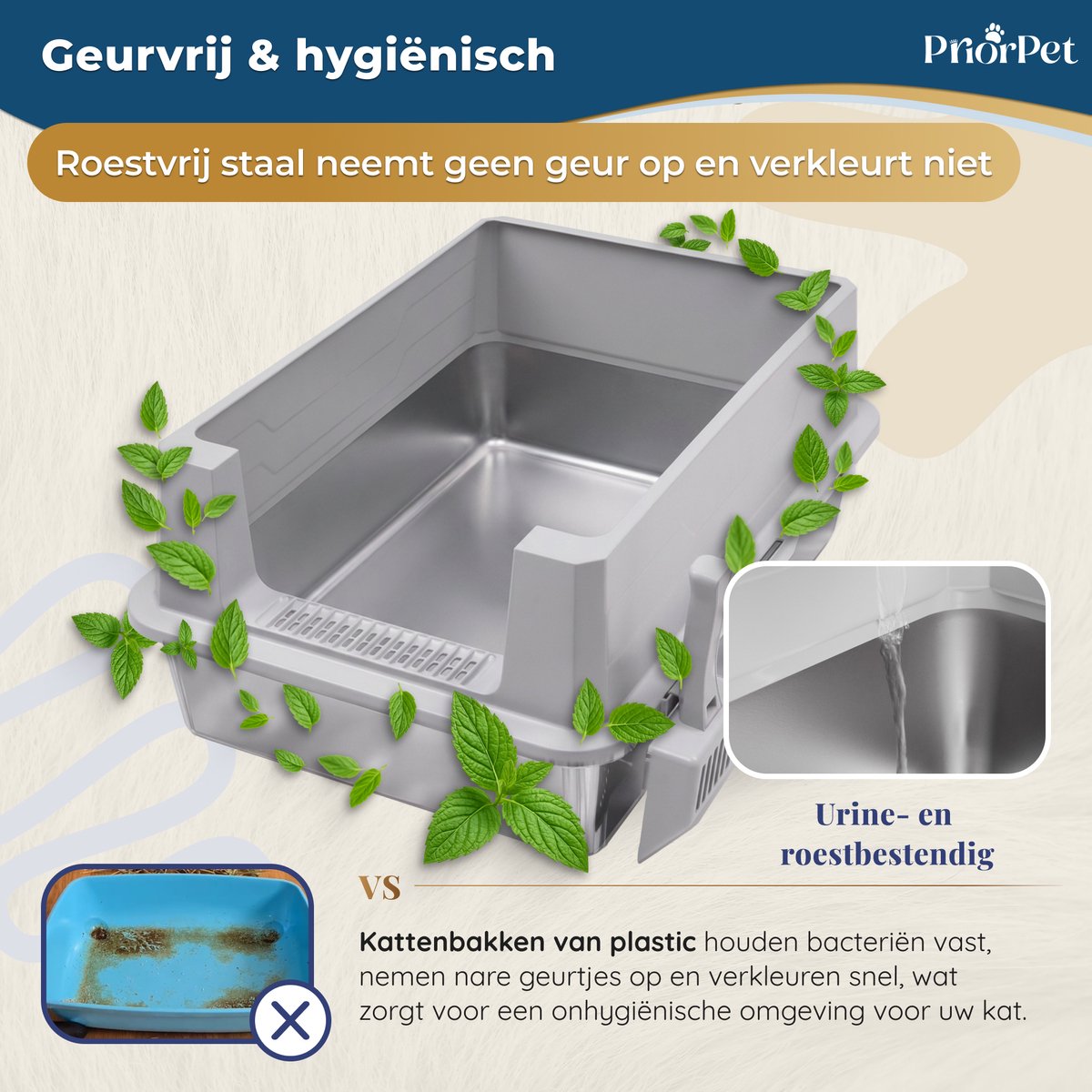 Miniatuur van productfoto 5 van Kattenbak RVS XXL Groot – Extra Grote RVS voor Grote Katten & 2 Katten – Stainless Steel Litter Box – Hoge Rand, Lekvrij & Geringe Geurvorming – Met Schep – 71×52×30 cm