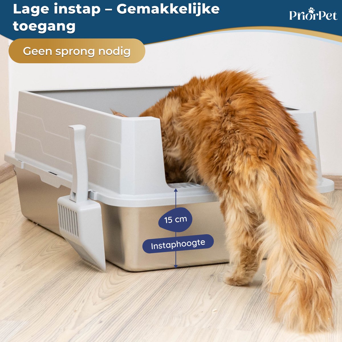 Miniatuur van productfoto 7 van Kattenbak RVS XXL Groot – Extra Grote RVS voor Grote Katten & 2 Katten – Stainless Steel Litter Box – Hoge Rand, Lekvrij & Geringe Geurvorming – Met Schep – 71×52×30 cm