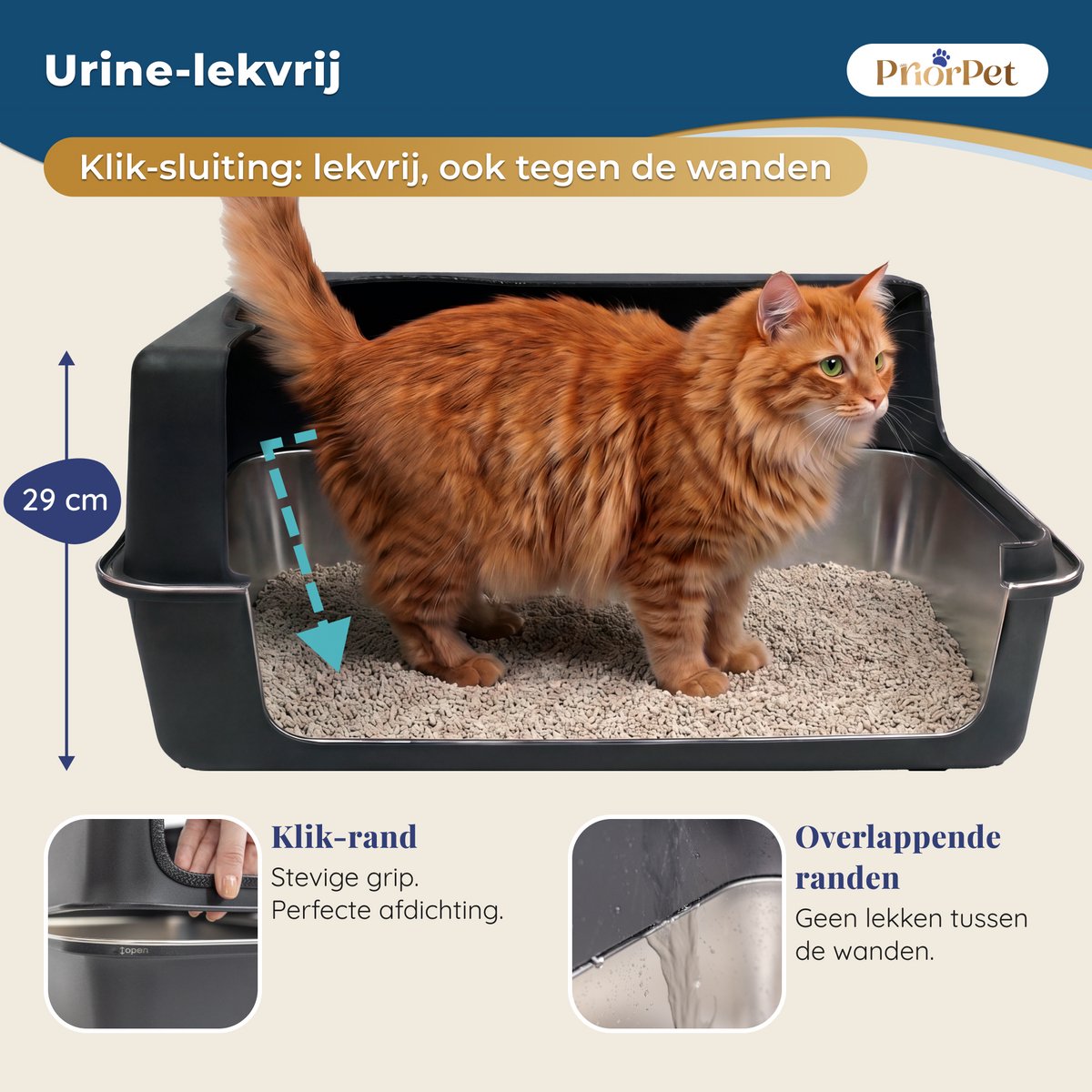 Miniatuur van productfoto 2 van Kattenbak RVS XXL Zwart – Gemakkelijk schoon te maken – Geurvrij, Lekvrij en Vlekvrij – 38L Inhoud – Roestvrijstalen Kattentoilet met hoge rand – Met Schep & Gritopvangmat – 60,5 × 40,5 × 29 cm