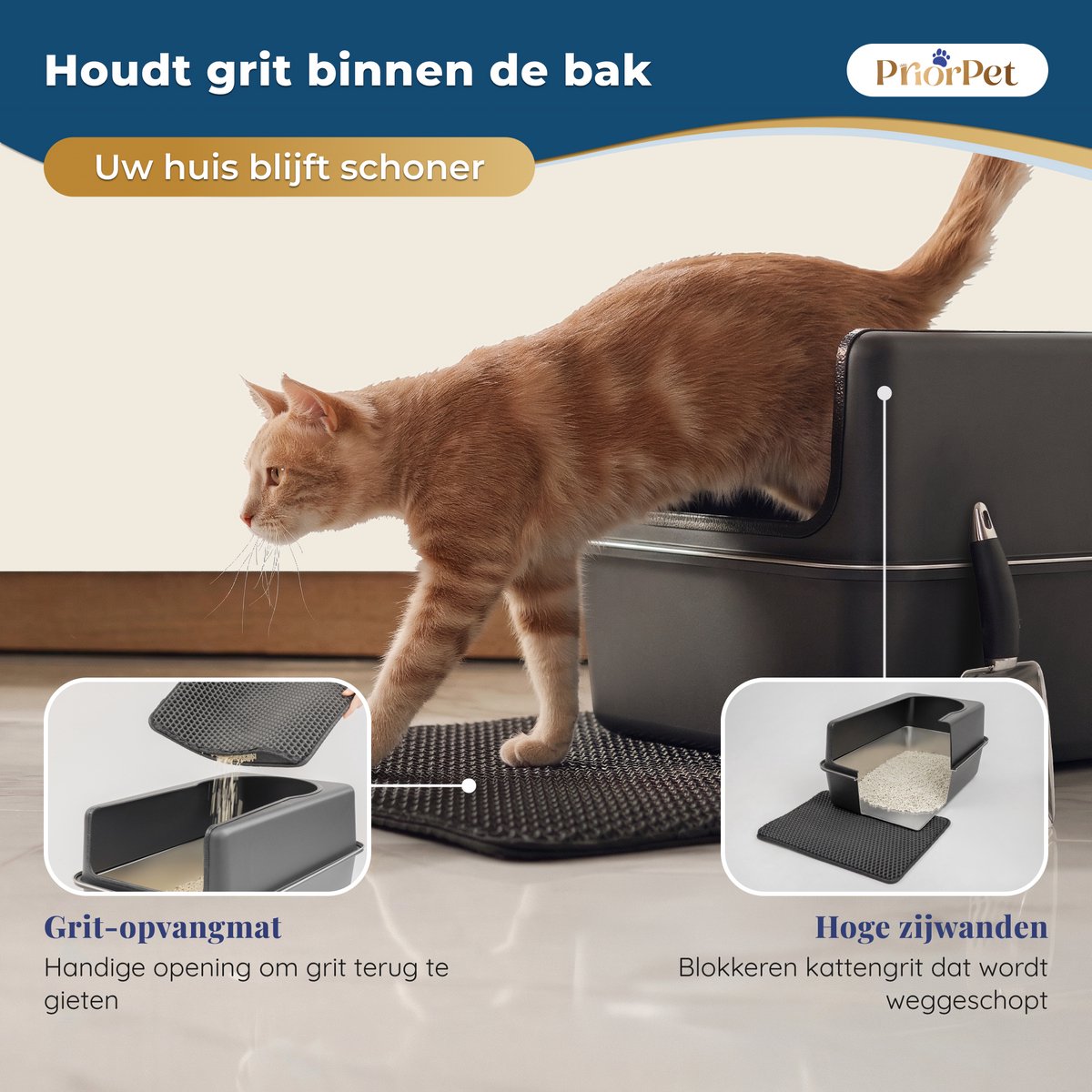 Miniatuur van productfoto 3 van Kattenbak RVS XXL Zwart – Gemakkelijk schoon te maken – Geurvrij, Lekvrij en Vlekvrij – 38L Inhoud – Roestvrijstalen Kattentoilet met hoge rand – Met Schep & Gritopvangmat – 60,5 × 40,5 × 29 cm