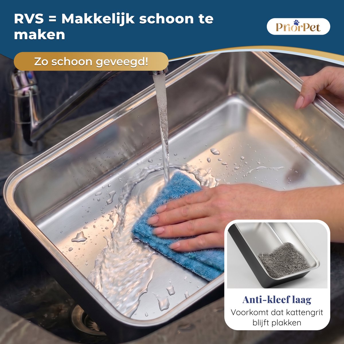 Miniatuur van productfoto 4 van Kattenbak RVS XXL Zwart – Gemakkelijk schoon te maken – Geurvrij, Lekvrij en Vlekvrij – 38L Inhoud – Roestvrijstalen Kattentoilet met hoge rand – Met Schep & Gritopvangmat – 60,5 × 40,5 × 29 cm