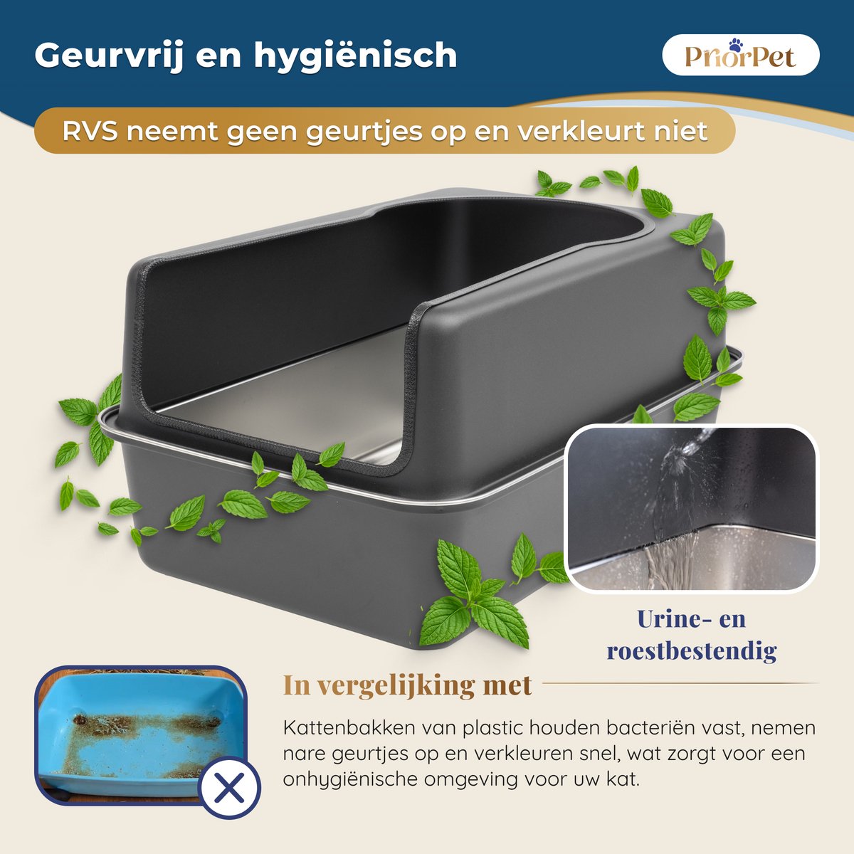 Miniatuur van productfoto 5 van Kattenbak RVS XXL Zwart – Gemakkelijk schoon te maken – Geurvrij, Lekvrij en Vlekvrij – 38L Inhoud – Roestvrijstalen Kattentoilet met hoge rand – Met Schep & Gritopvangmat – 60,5 × 40,5 × 29 cm