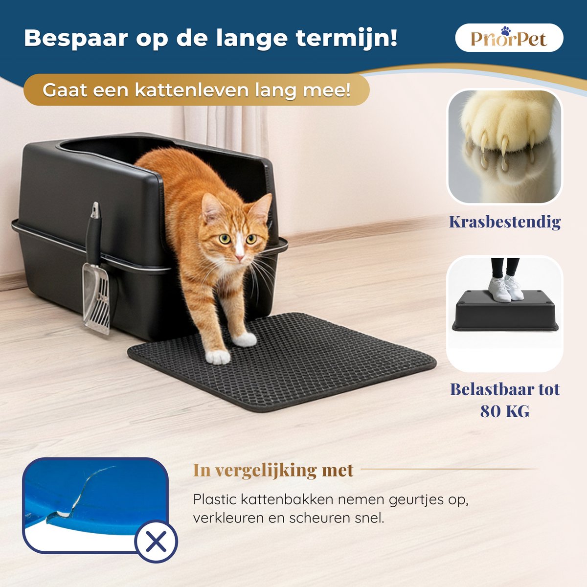 Miniatuur van productfoto 9 van Kattenbak RVS XXL Zwart – Gemakkelijk schoon te maken – Geurvrij, Lekvrij en Vlekvrij – 38L Inhoud – Roestvrijstalen Kattentoilet met hoge rand – Met Schep & Gritopvangmat – 60,5 × 40,5 × 29 cm