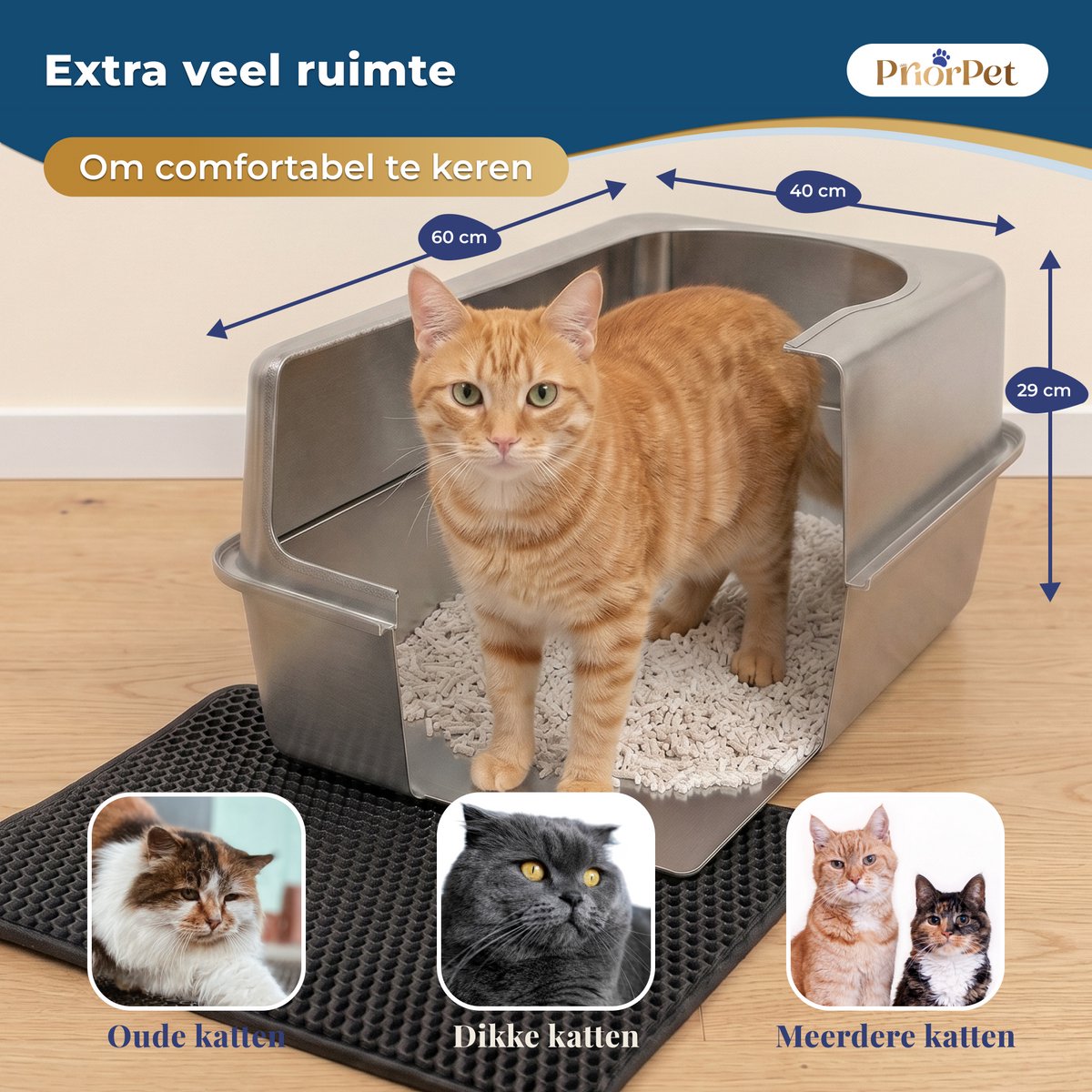 Productfoto 1 van Kattenbak RVS XXL – Gemakkelijk schoon te maken – Geurvrij, Lekvrij en Vlekvrij – 38L Inhoud – Roestvrijstalen Kattentoilet met hoge rand – Grote Kattenbak met Schep & Gritopvangmat – 60,5 × 40,5 × 29 cm