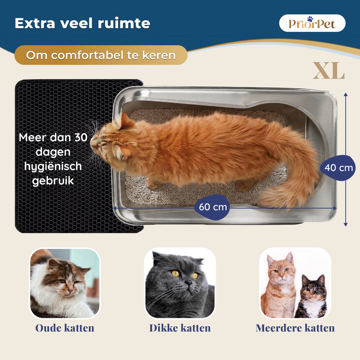 Miniatuur van productfoto 10 van Kattenbak RVS XXL – Gemakkelijk schoon te maken – Geurvrij, Lekvrij en Vlekvrij – 38L Inhoud – Roestvrijstalen Kattentoilet met hoge rand – Grote Kattenbak met Schep & Gritopvangmat – 60,5 × 40,5 × 29 cm