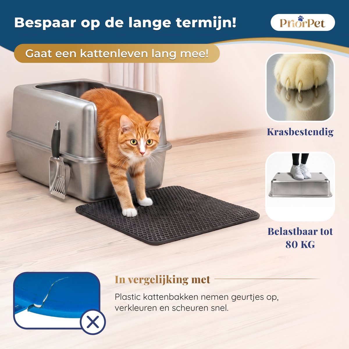 Miniatuur van productfoto 11 van Kattenbak RVS XXL – Gemakkelijk schoon te maken – Geurvrij, Lekvrij en Vlekvrij – 38L Inhoud – Roestvrijstalen Kattentoilet met hoge rand – Grote Kattenbak met Schep & Gritopvangmat – 60,5 × 40,5 × 29 cm