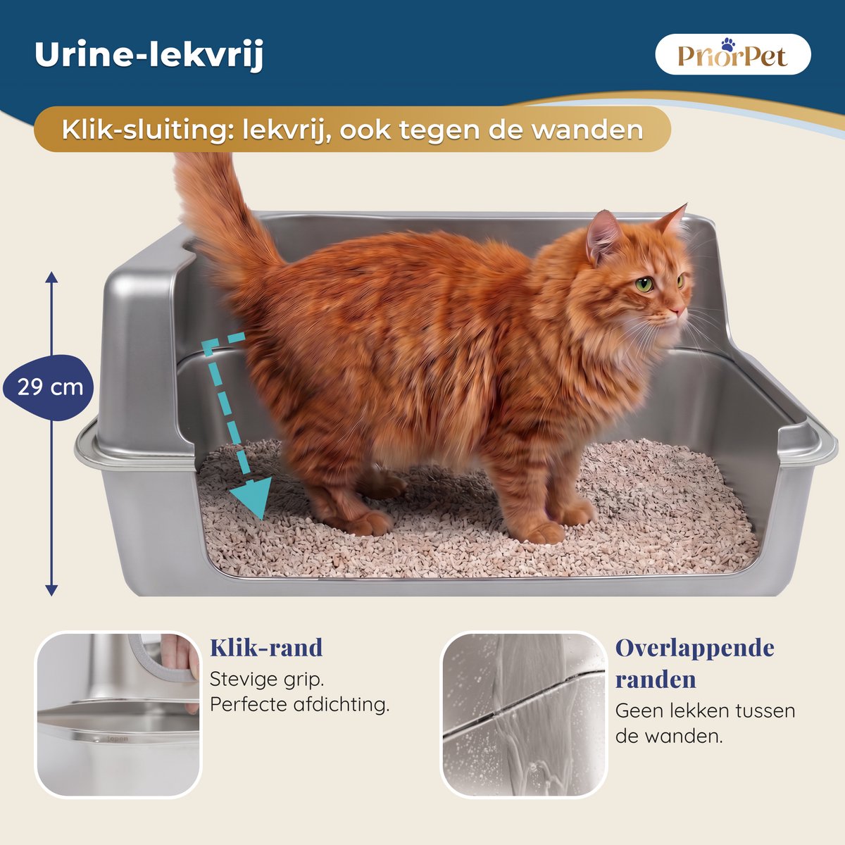 Miniatuur van productfoto 2 van Kattenbak RVS XXL – Gemakkelijk schoon te maken – Geurvrij, Lekvrij en Vlekvrij – 38L Inhoud – Roestvrijstalen Kattentoilet met hoge rand – Grote Kattenbak met Schep & Gritopvangmat – 60,5 × 40,5 × 29 cm