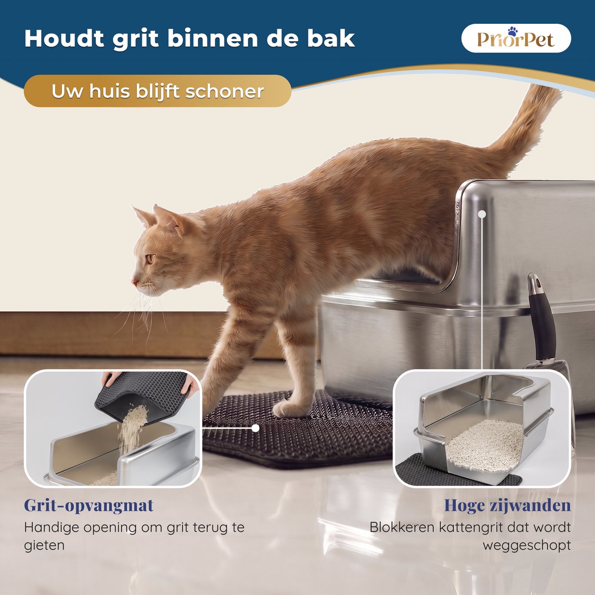 Miniatuur van productfoto 3 van Kattenbak RVS XXL – Gemakkelijk schoon te maken – Geurvrij, Lekvrij en Vlekvrij – 38L Inhoud – Roestvrijstalen Kattentoilet met hoge rand – Grote Kattenbak met Schep & Gritopvangmat – 60,5 × 40,5 × 29 cm