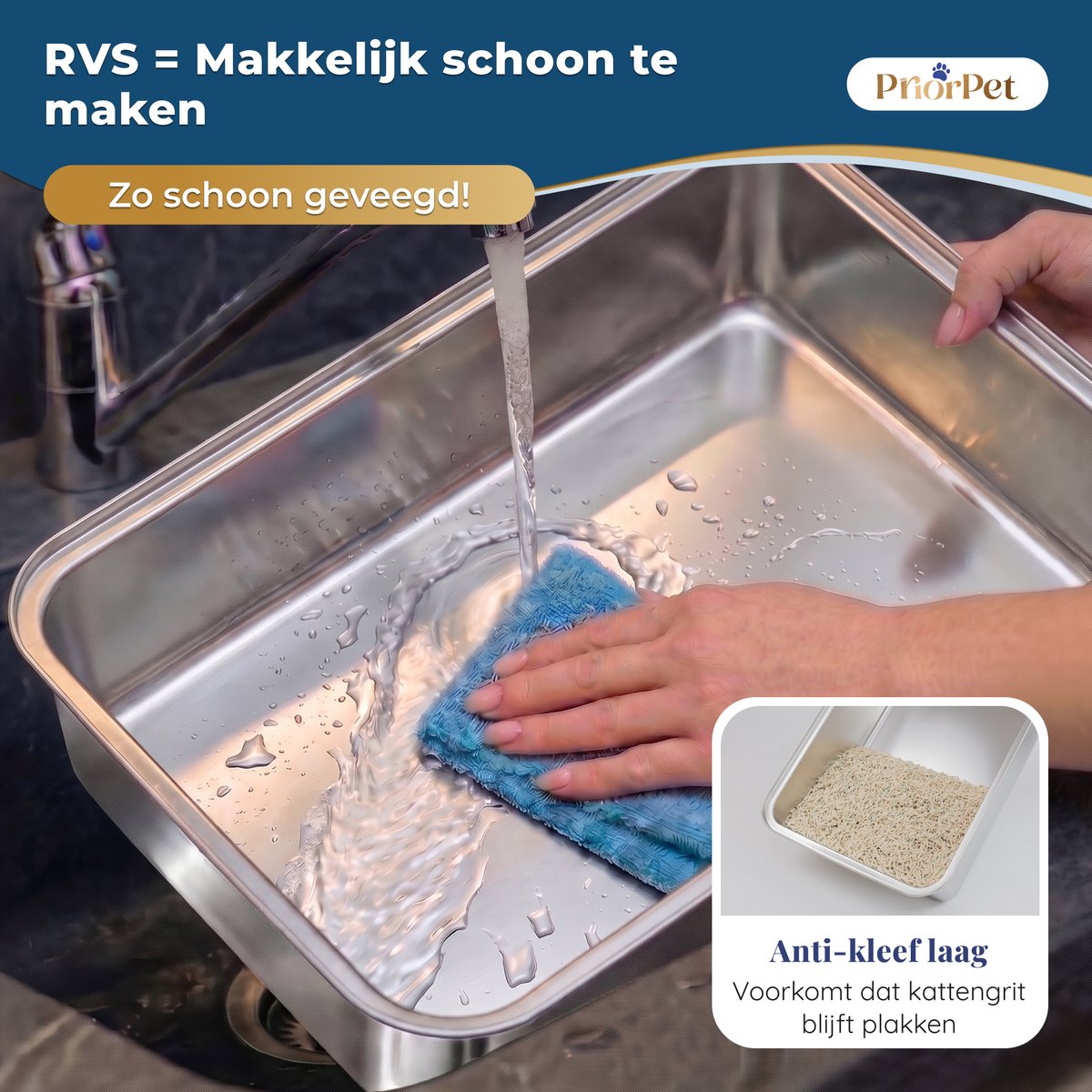 Miniatuur van productfoto 4 van Kattenbak RVS XXL – Gemakkelijk schoon te maken – Geurvrij, Lekvrij en Vlekvrij – 38L Inhoud – Roestvrijstalen Kattentoilet met hoge rand – Grote Kattenbak met Schep & Gritopvangmat – 60,5 × 40,5 × 29 cm
