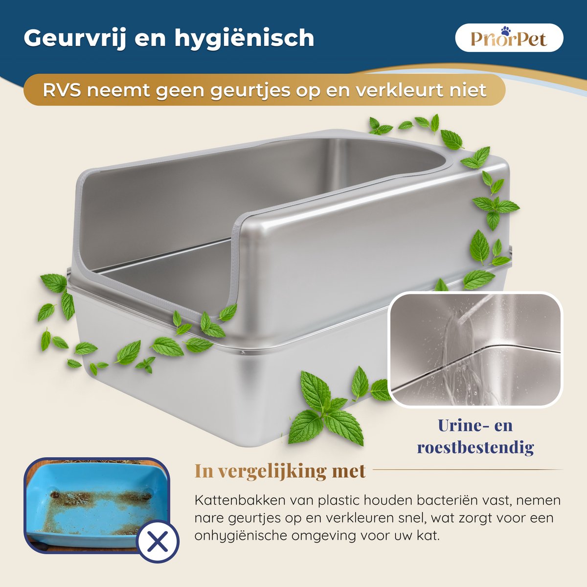 Miniatuur van productfoto 5 van Kattenbak RVS XXL – Gemakkelijk schoon te maken – Geurvrij, Lekvrij en Vlekvrij – 38L Inhoud – Roestvrijstalen Kattentoilet met hoge rand – Grote Kattenbak met Schep & Gritopvangmat – 60,5 × 40,5 × 29 cm