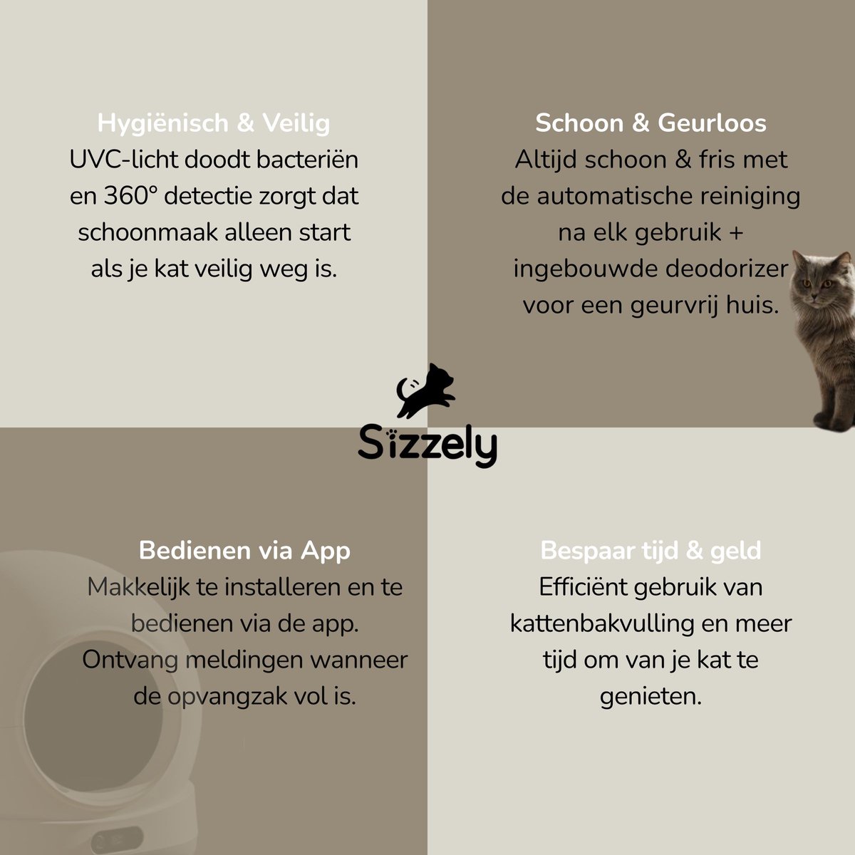 Miniatuur van productfoto 4 van Sizzely Automatische Kattenbak – Zelfreinigende Kattenbak – Geurloos - Grote opening – inclusief app – geluidsloos