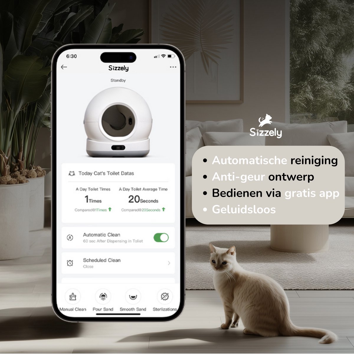 Miniatuur van productfoto 6 van Sizzely Automatische Kattenbak – Zelfreinigende Kattenbak – Geurloos - Grote opening – inclusief app – geluidsloos