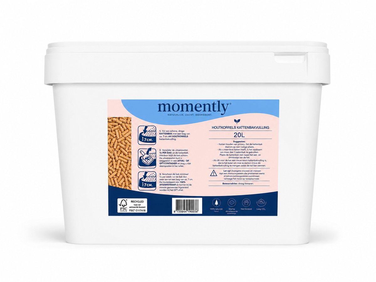Productfoto 1 van Momently kattenbakvulling houtkorrel 10kg 20L – 100% Natuurlijk – Sterk Absorberend – Stofarm – Geurcontrole – Biologisch Afbreekbaar