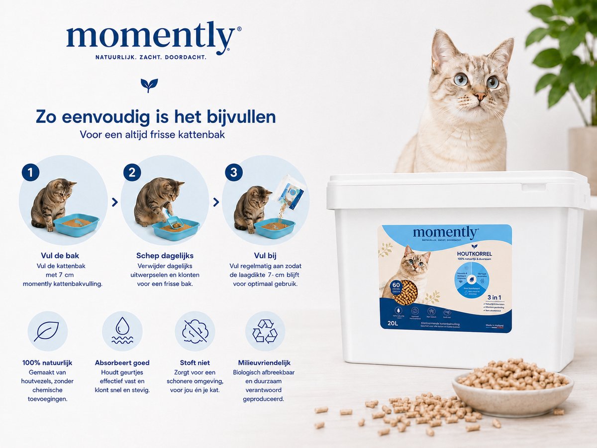 Miniatuur van productfoto 2 van Momently kattenbakvulling houtkorrel 10kg 20L – 100% Natuurlijk – Sterk Absorberend – Stofarm – Geurcontrole – Biologisch Afbreekbaar