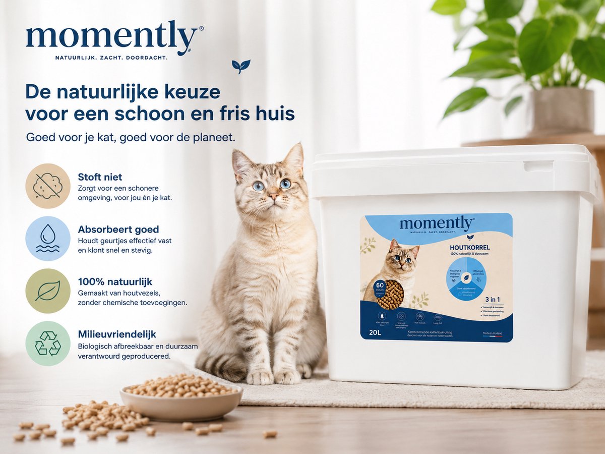 Miniatuur van productfoto 3 van Momently kattenbakvulling houtkorrel 10kg 20L – 100% Natuurlijk – Sterk Absorberend – Stofarm – Geurcontrole – Biologisch Afbreekbaar