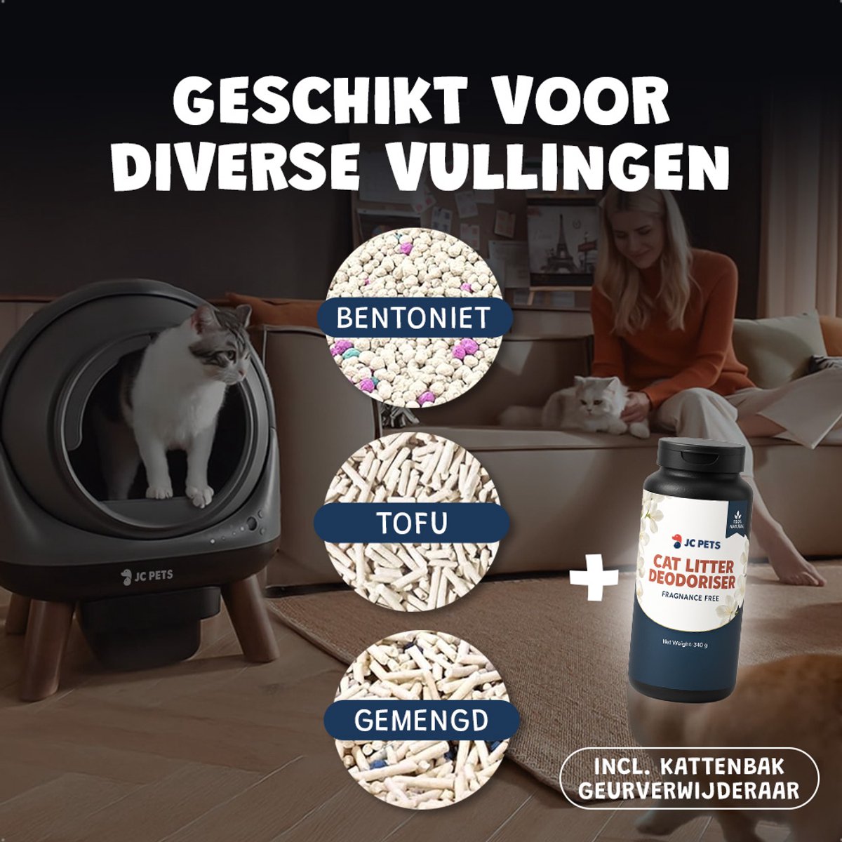 Miniatuur van productfoto 6 van JC Pets Zelfreinigende Automatische Kattenbak - Slimme Elektrische Kattenbak XXL 65L – Incl. Uitloopmat & Geurverdrijver – Veiligheidssensoren - Geschikt voor Meerdere Katten - Met app - 8L Afvalbak - 2026 Model - Grijs