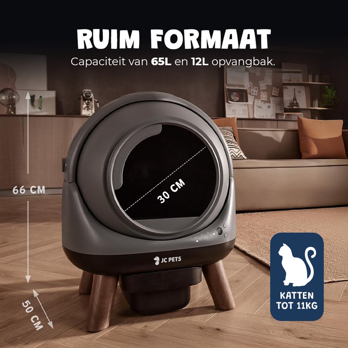 Miniatuur van productfoto 11 van JC Pets Automatische Kattenbak XXL 65L met RVS Draadloze Drinkfontein incl. 3 Filters – Zelfreinigende Slimme & Stille Kattenbak met App – Uitloopmat & Geurverdrijver – Veiligheidssensoren – 8L Afvalbak – Geschikt voor Meerdere Katten – Modern Design