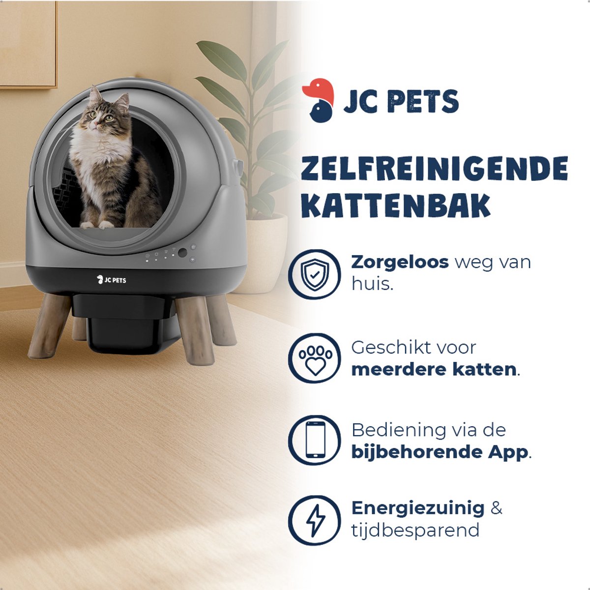 Miniatuur van productfoto 2 van JC Pets Automatische Kattenbak XXL 65L met RVS Draadloze Drinkfontein incl. 3 Filters – Zelfreinigende Slimme & Stille Kattenbak met App – Uitloopmat & Geurverdrijver – Veiligheidssensoren – 8L Afvalbak – Geschikt voor Meerdere Katten – Modern Design