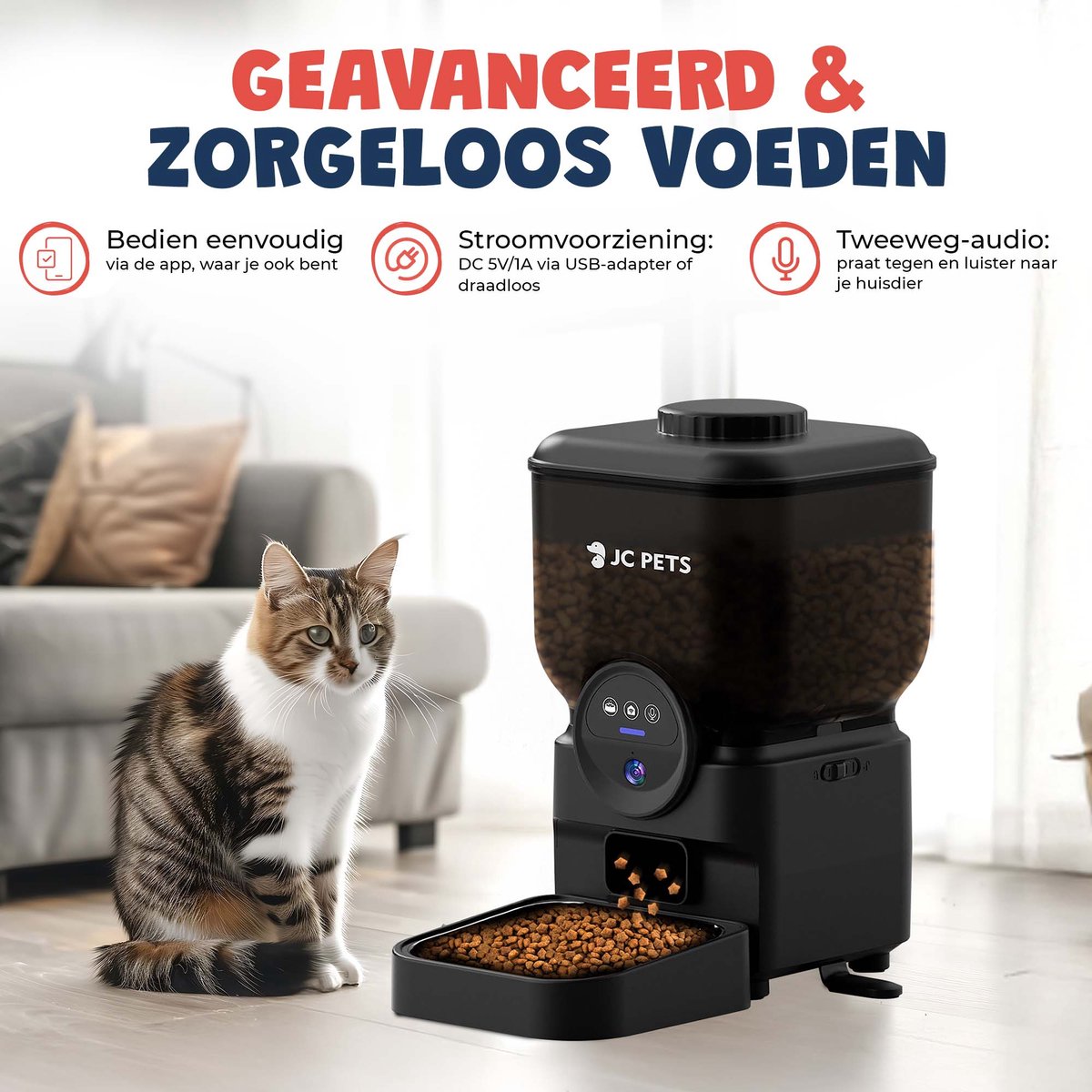 Miniatuur van productfoto 3 van JC Pets Zelfreinigende Automatische Kattenbak met Automatisch Voederbak - Slimme Elektrische Kattenbak XXL 65L – Incl. Uitloopmat & Geurverdrijver - Veiligheidssensoren - Voerbak kat dispenser 6,5L met Camera - Geschikt voor Meerdere Katten - Met app