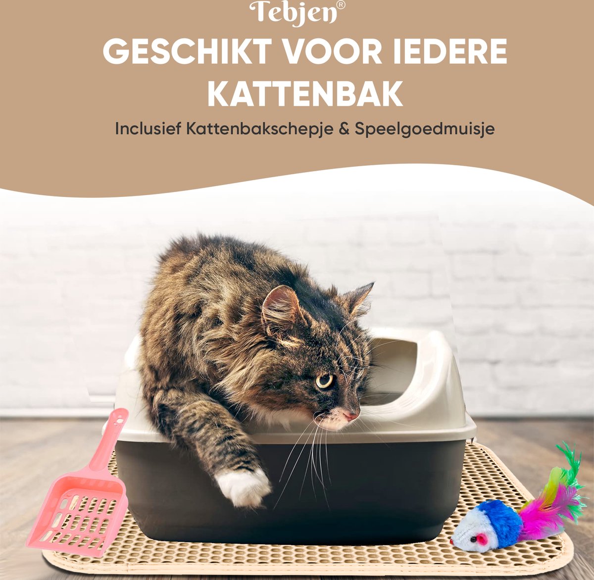 Miniatuur van productfoto 4 van TEBJEN Kattenbakmat – 40cm * 50cm - Kattenbak Mat Grit Opvanger - Schoonloop Katten mat – Dubbele Waterdichte Laag – Uitloopmat Kattenbak – Kattenbak Accessoires - Met Speelgoedmuisje En Schepje - Licht Bruin