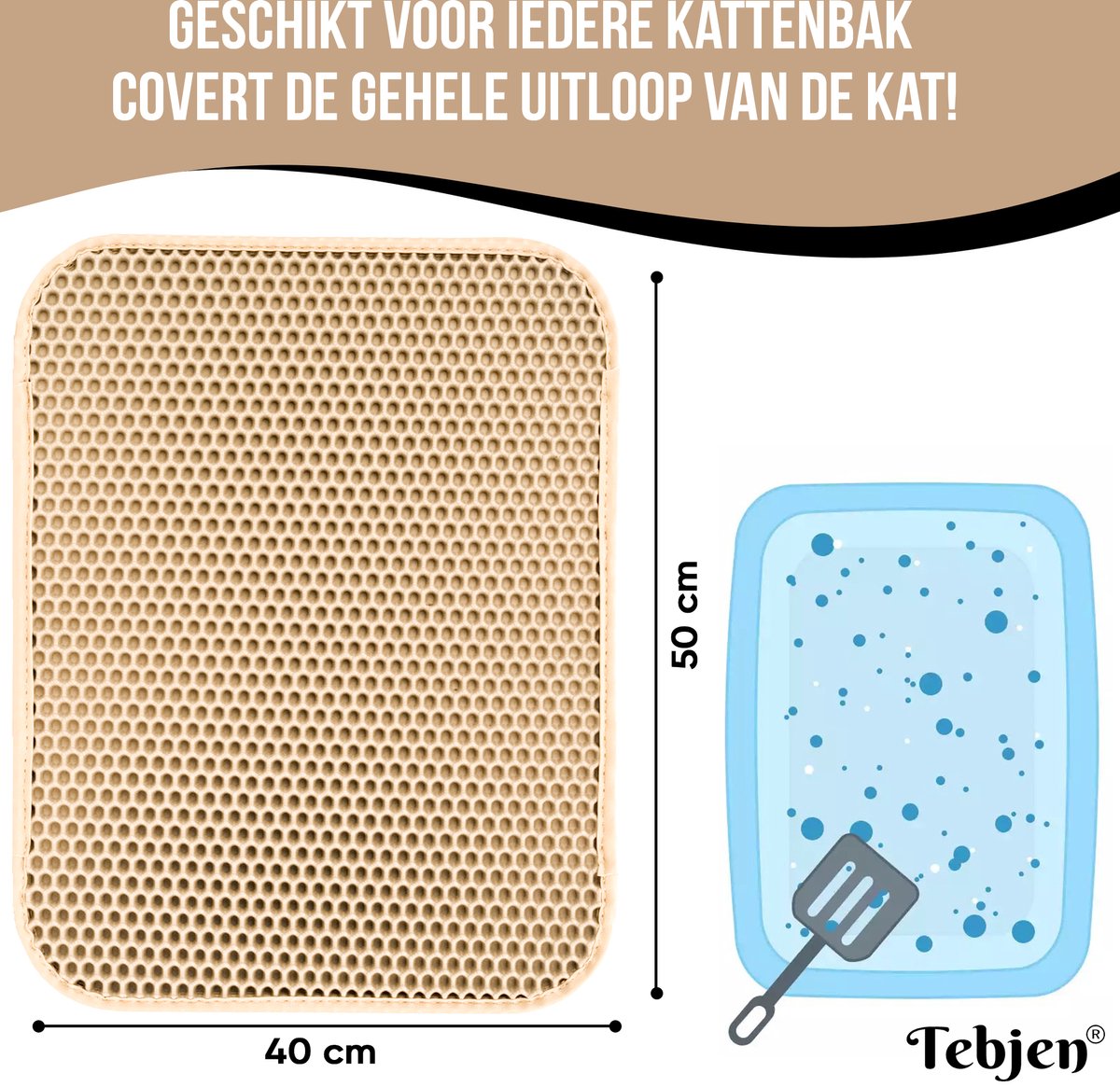 Miniatuur van productfoto 6 van TEBJEN Kattenbakmat – 40cm * 50cm - Kattenbak Mat Grit Opvanger - Schoonloop Katten mat – Dubbele Waterdichte Laag – Uitloopmat Kattenbak – Kattenbak Accessoires - Met Speelgoedmuisje En Schepje - Licht Bruin