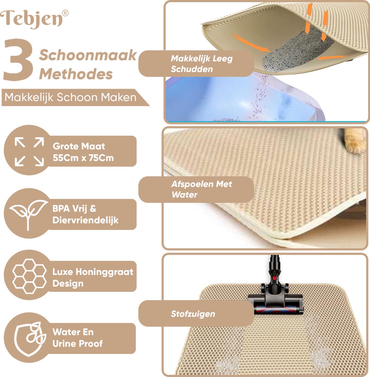 Miniatuur van productfoto 9 van TEBJEN XXL Kattenbakmat - 55cm * 75cm - Met Speelgoedmuisje En Schepje - Schoonloopmat Kattenbak – Katten Grit Opvanger – Dubbele Waterdichte Laag – Uitloopmat Kattenbak – Kattenverzorging – Kattenbak Accessoires - Kat Benodigdheden - Licht Bruin