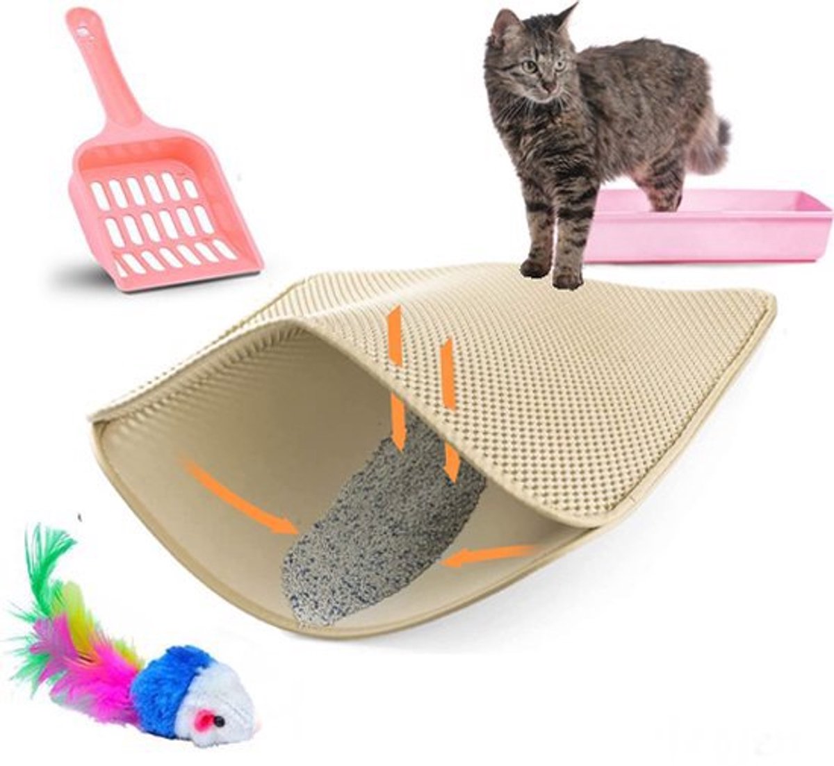 Miniatuur van productfoto 2 van TEBJEN Kattenbakmat – 45cm * 60cm - Kattenbak Mat Grit Opvanger - Schoonloop Katten mat – Dubbele Waterdichte Laag – Uitloopmat Kattenbak – Kattenbak Accessoires - Met Speelgoedmuisje En Schepje - Licht Bruin
