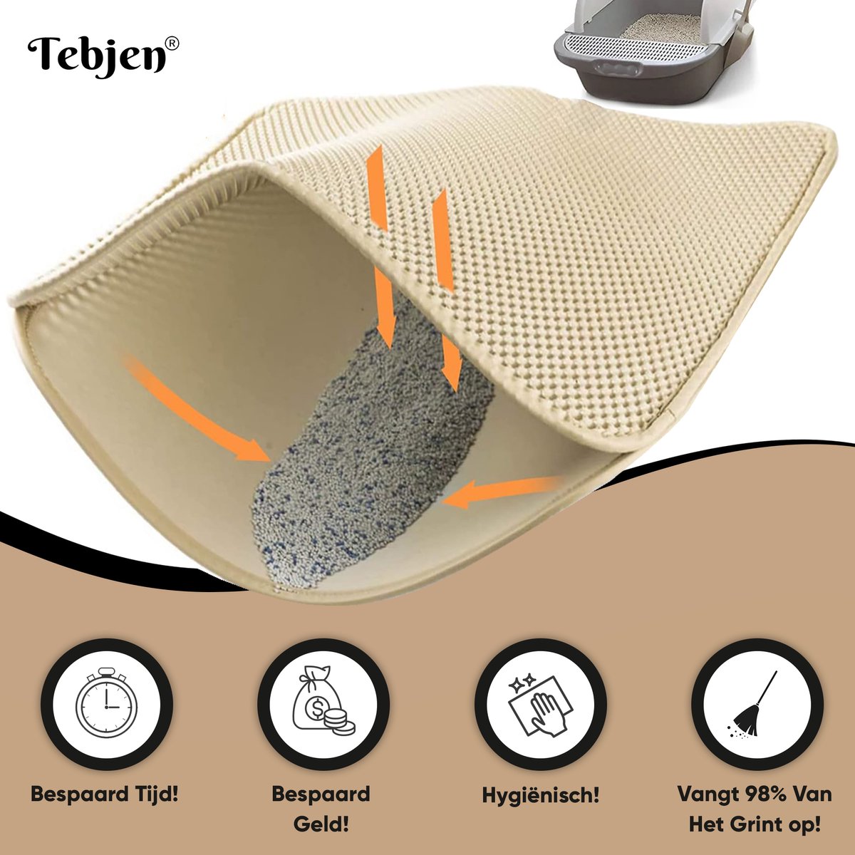 Miniatuur van productfoto 7 van TEBJEN Kattenbakmat – 45cm * 60cm - Kattenbak Mat Grit Opvanger - Schoonloop Katten mat – Dubbele Waterdichte Laag – Uitloopmat Kattenbak – Kattenbak Accessoires - Met Speelgoedmuisje En Schepje - Licht Bruin