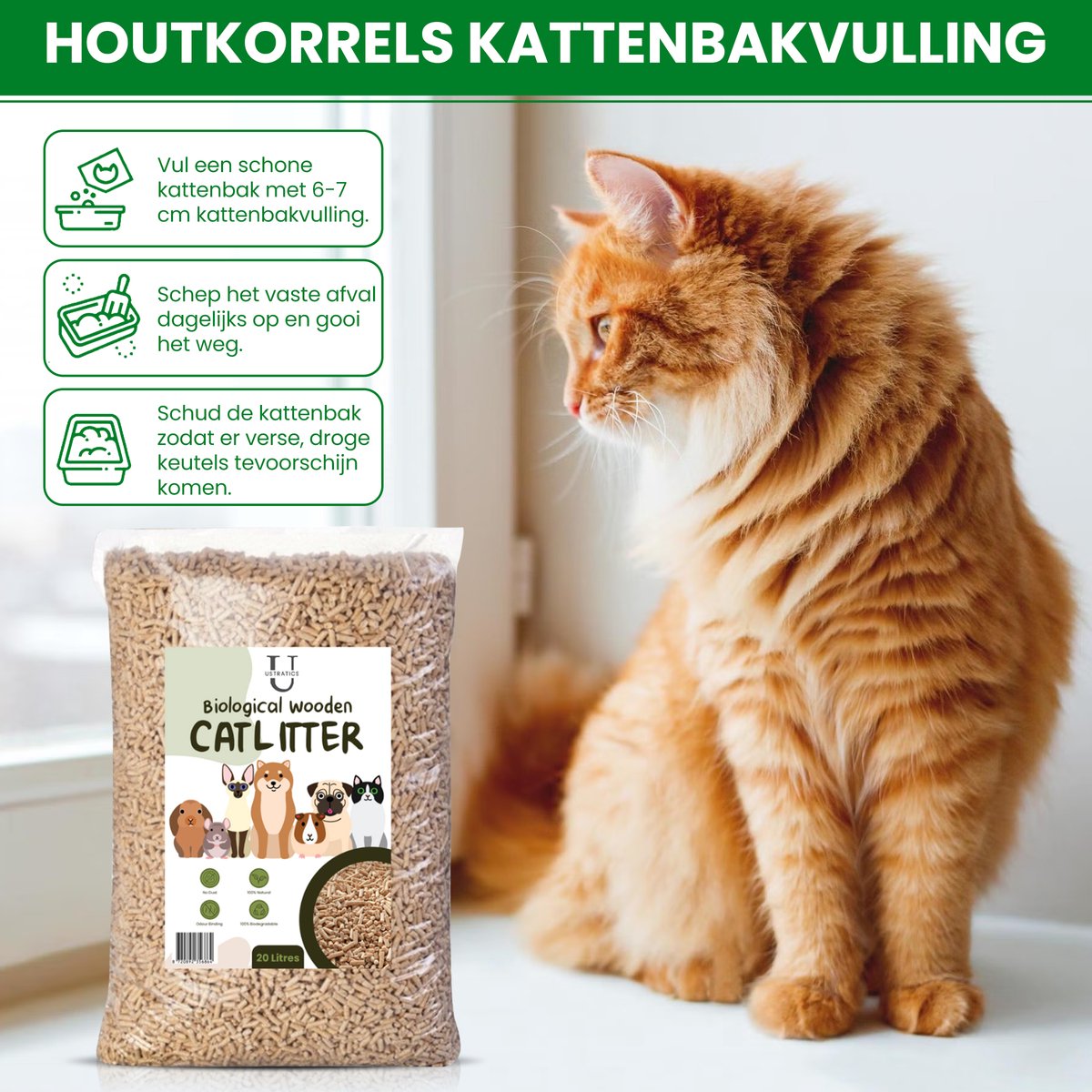 Miniatuur van productfoto 3 van Ustratics Houtkorrel Kattenbakvulling 2 x 10KG (20kg - 40L) - 100% Natuurlijk